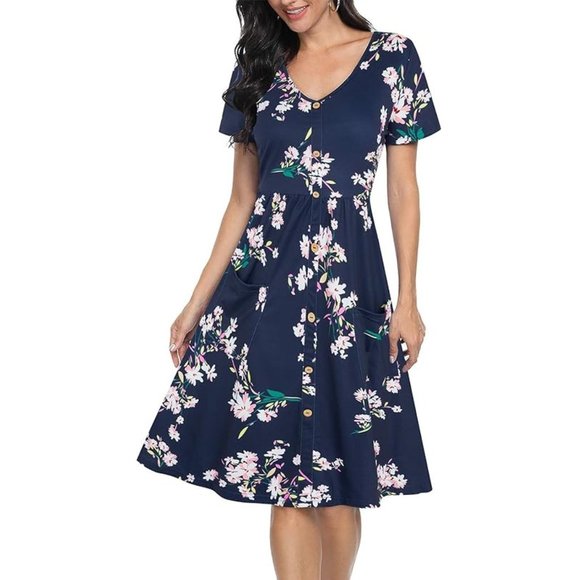 VOTEPRETTY Short Sleeve V Neck Button Floral Dress with Pockets. d91 - Picture 2 of 4